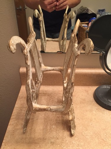 Vintage Cast Iron Antique White  Lyre Harp Metal Music Book Stand Magazine Rack