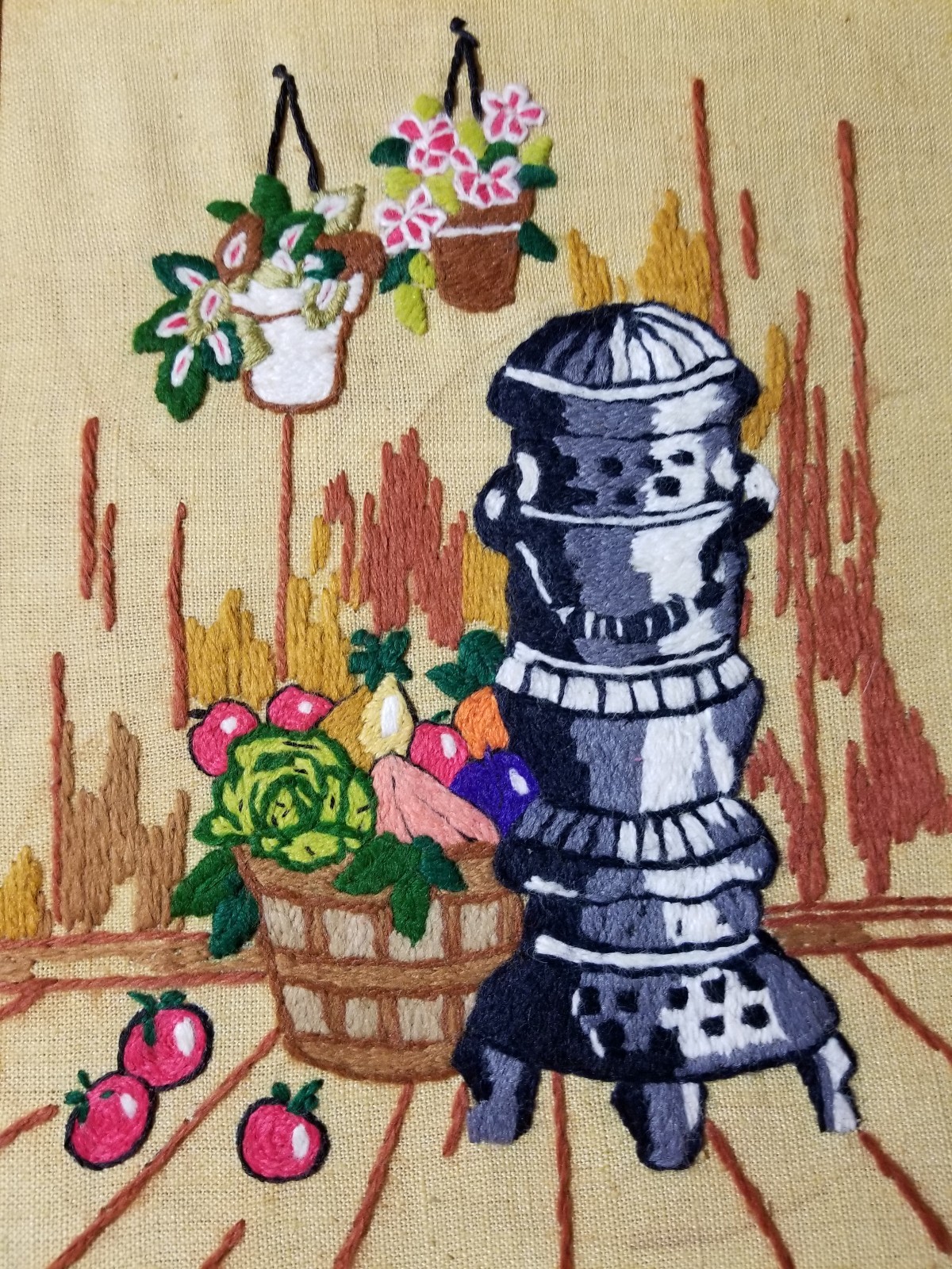 VTG FRAMED WOOD STOVE FLOWER FRUIT HAND STITCHED EMBROIDERY NEEDLEPOINT PICTURE