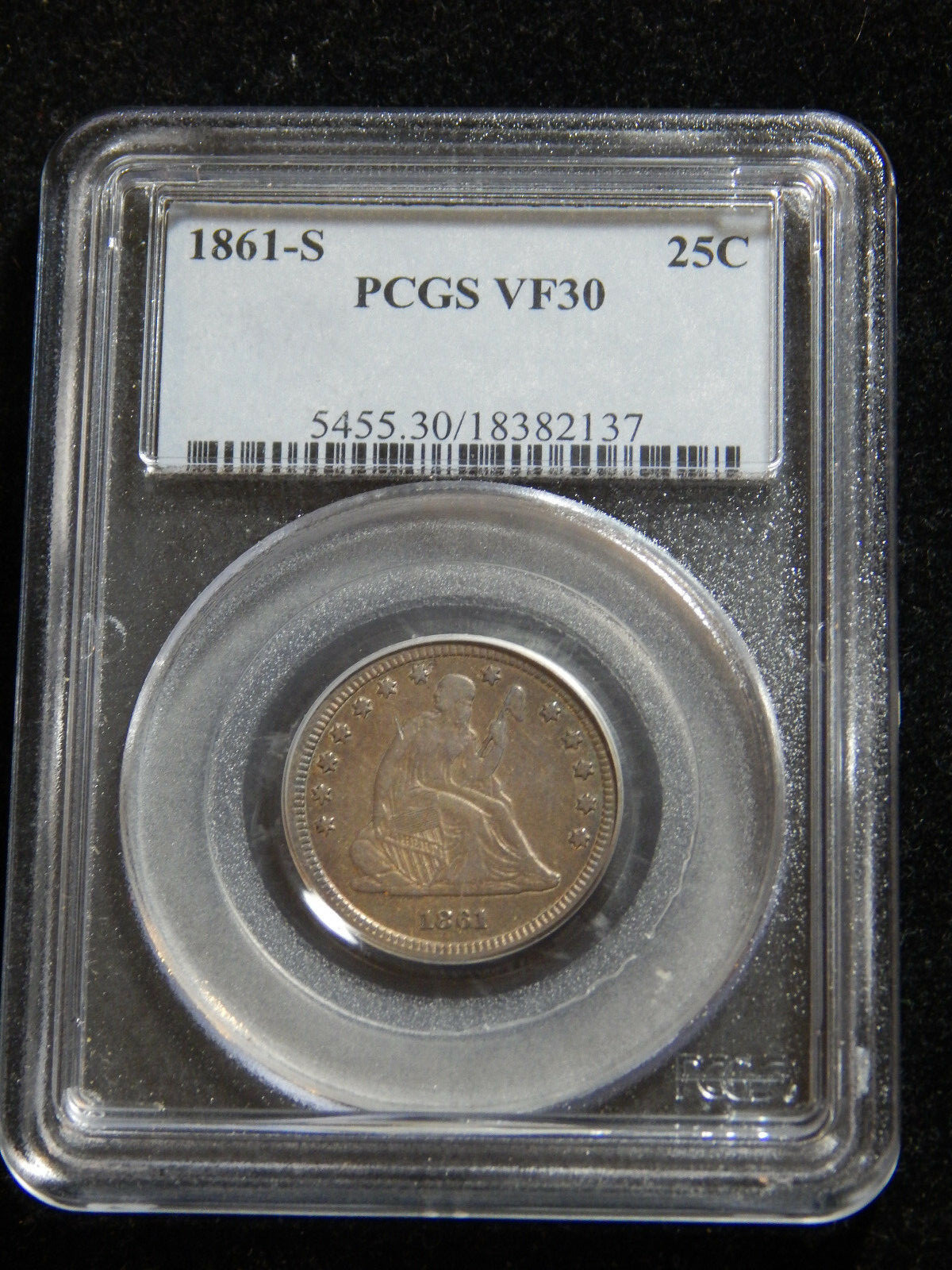 1861-S 25C Seated Liberty Quarter VF-30 PCGS, Rare Date!