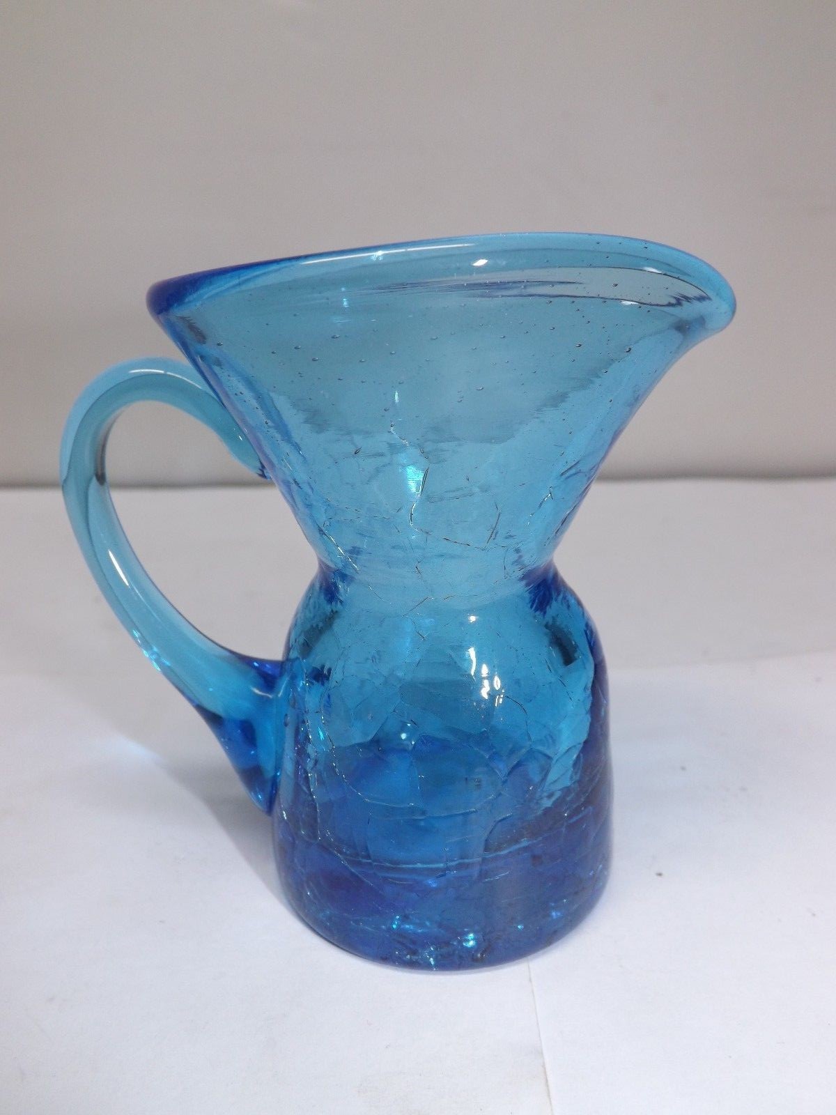 HAND BLOWN BLUE CRACKLE GLASS MINIATURE CRUET PITCHER