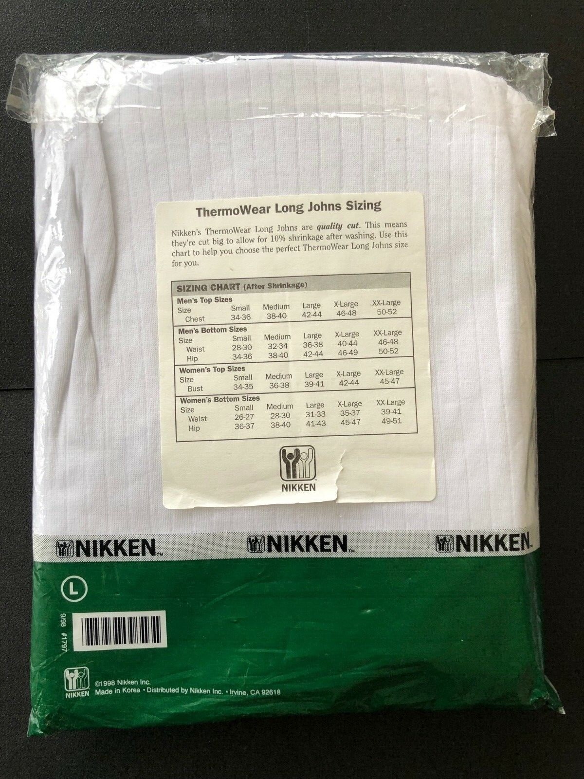 NIKKEN Thermowear Mens Long Johns, Top Only, Size Large #1797 New in PKG