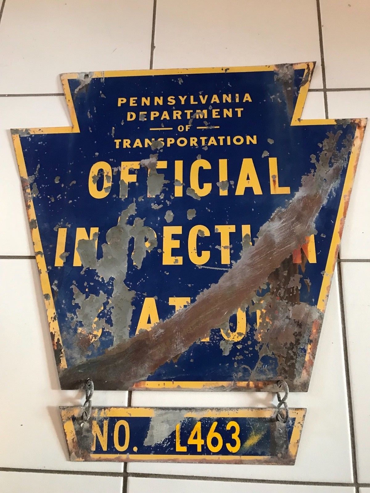 Vintage Original Pennsylvania Inspection Station sign  2 sided w/ hanging number