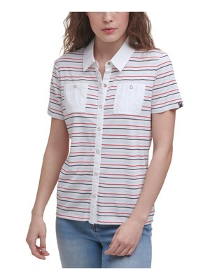 

TOMMY HILFIGER Женский белый топ на пуговицах в полоску с карманами и воротником