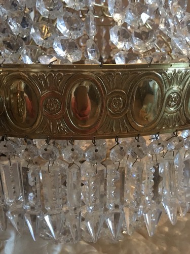 Antique Vintage Brass French Empire Crystal Directoire Beaded Basket Chandelier