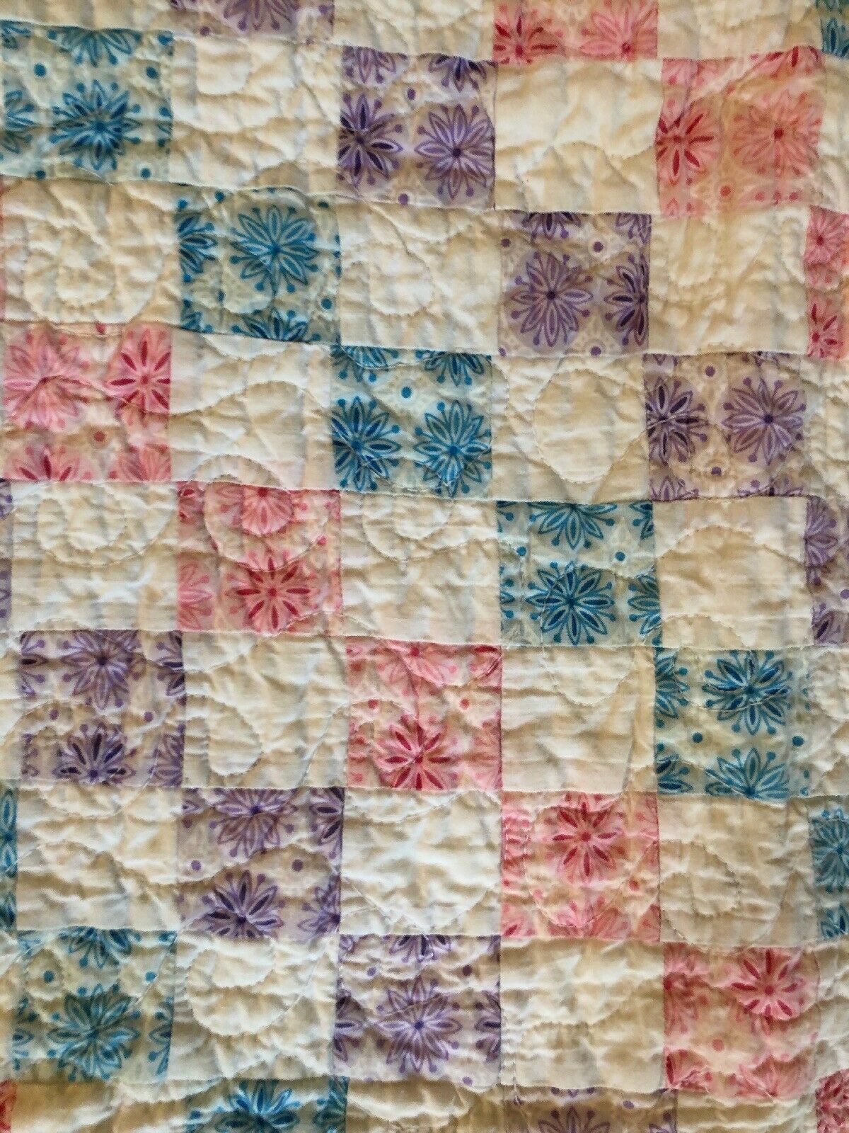 Vtg Handmade Quilted Lap Blanket Baby Crib Quilt Pieced Blocks 44