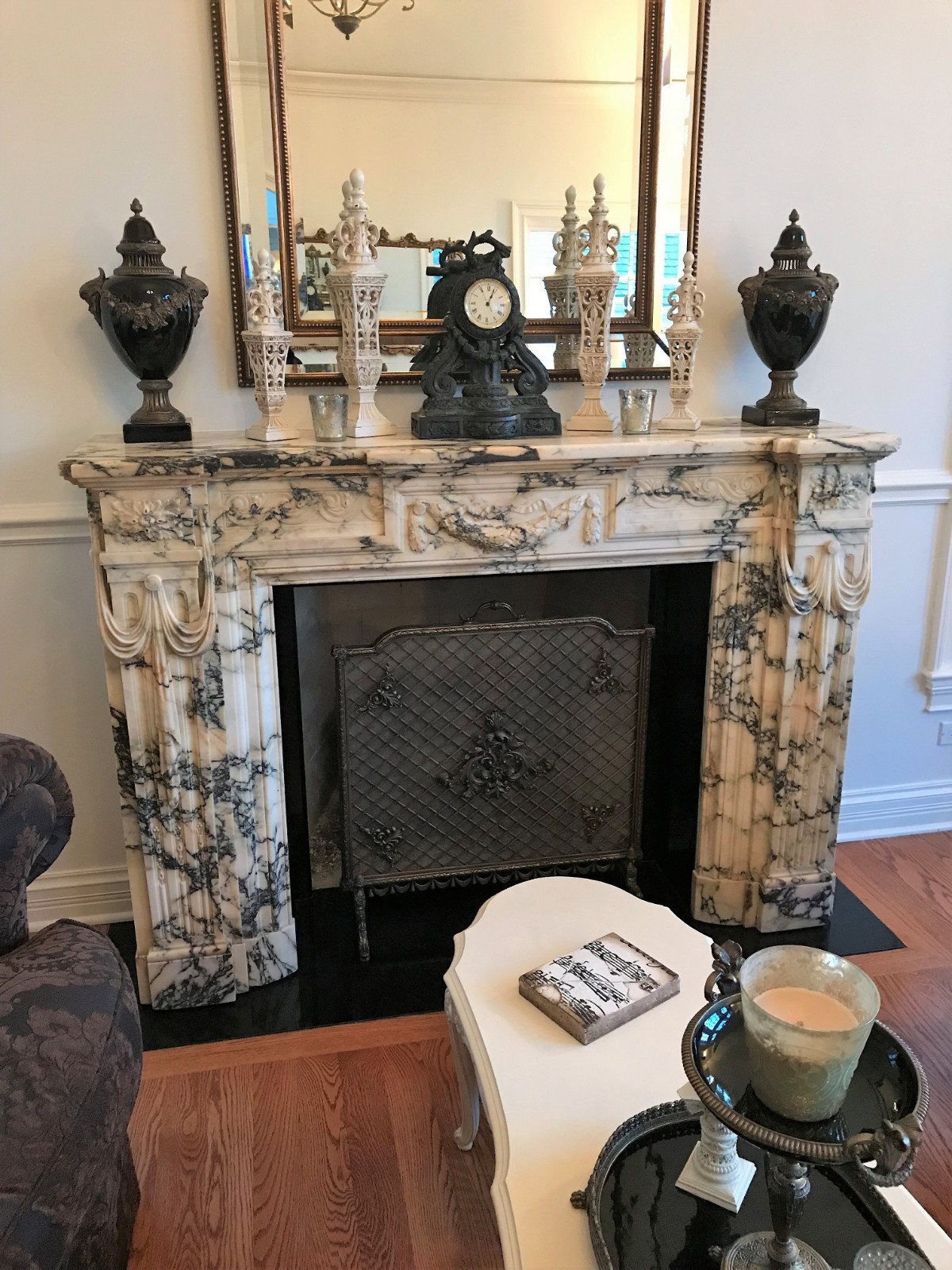 Magnificient Hand Carved Italian Marble Fireplace Mantle