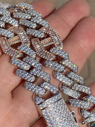 Pre-owned Silver Mens Solid 925  & Rose Gold Plated Baguette Cuban Gucci Link Bracelet Cz In White/colorless