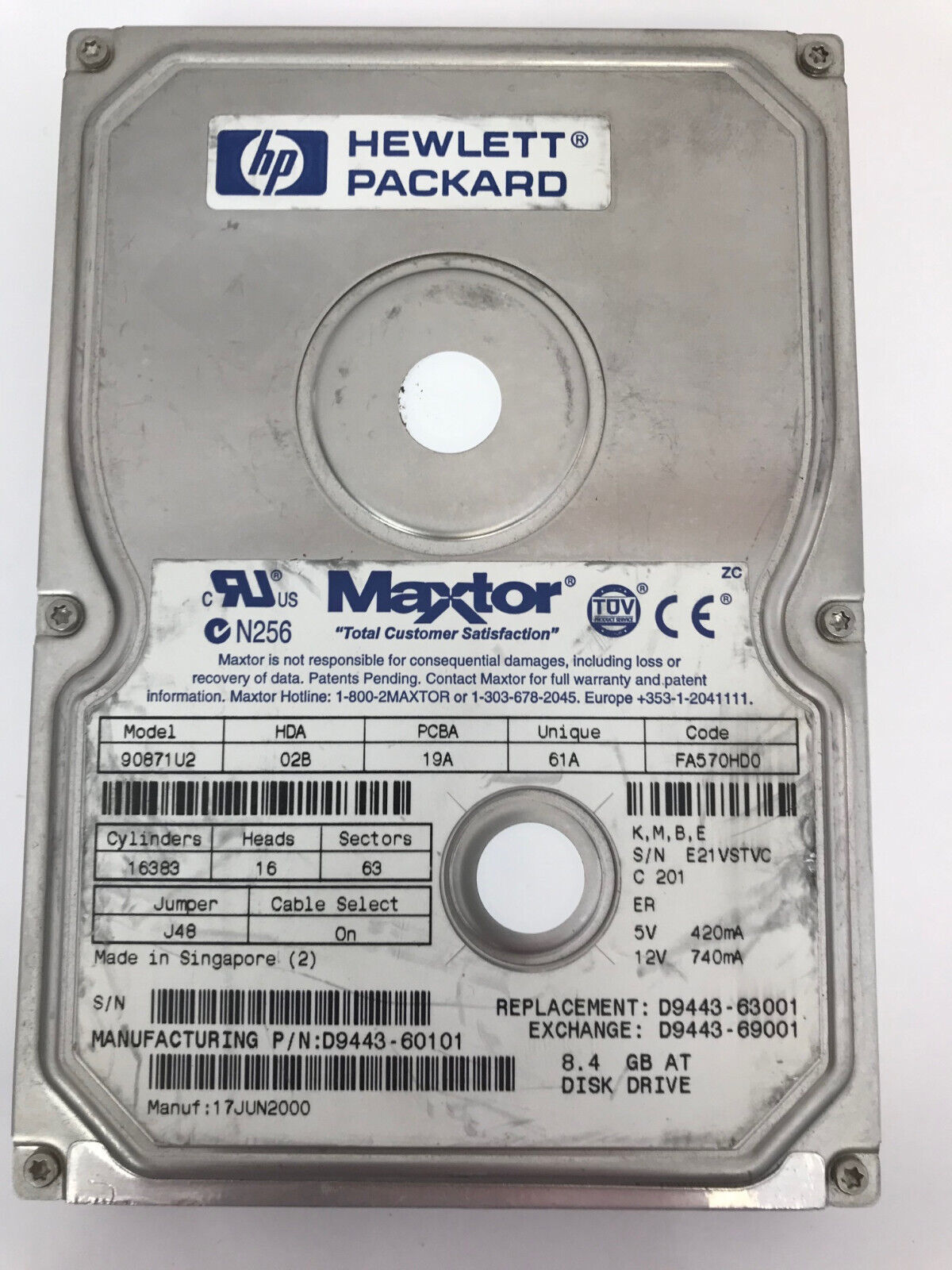MAXTOR 90871U2 3.5 8.4GB IDE HARD DRIVE HP D9443-60101 D9443-69001 D9443-63001 MAXTOR 90871U2 3.5 8.4GB IDE HARD DRIVE HP D9443-60101 D9443-69001 D9443-63001