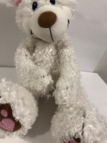 First and Main A Hart Throb White Plush Beanie Teddy Bear Heart Feet 14”