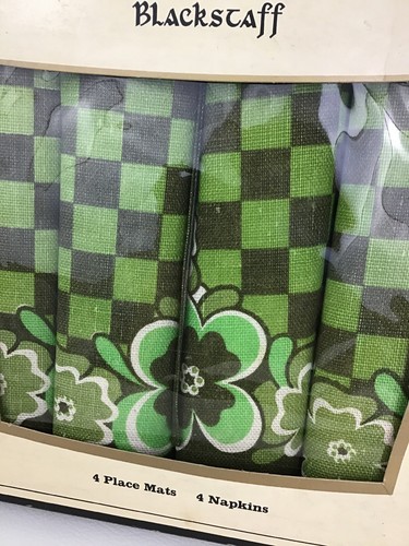 Vintage Blackstaff 1960s Irish Linen Set 4 Napkins Placemats Flower Green Check