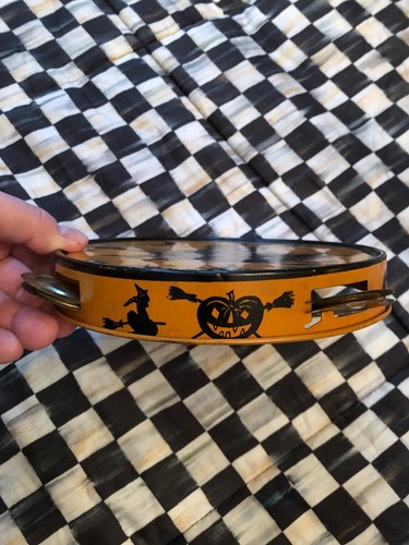 Vintage 1930's J Chein & Co tin litho witch on goose Halloween tambourine