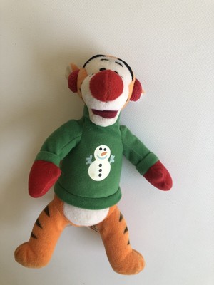 Disney Store TIGGER the tiger Plush with Snowman Xmas Sweater 9 1/2 