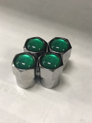CHROME TPMS VALVE STEM CAPS N2 NITROGEN GREEN INSERT 100
