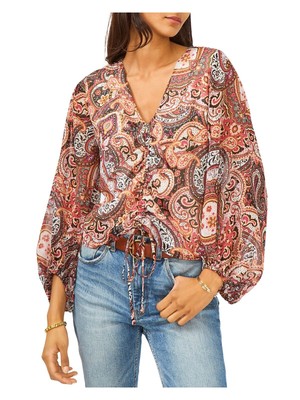 

VINCE CAMUTO Женский розовый топ с завязками и кулиской, прозрачный топ с длинными рукавами и V-образным вырезом на подкладке