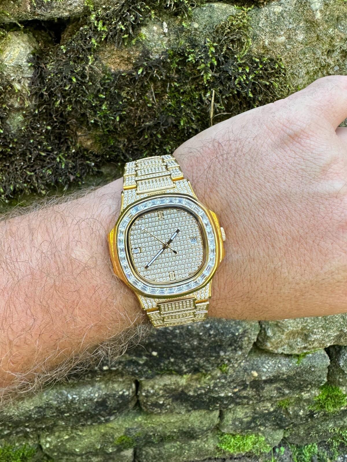 Pre-owned Real Mens Baguette 14k Gold  Moissanite Watch Iced Automatic Movement Hiphop
