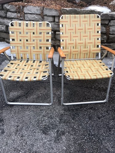 2 Vintage Aluminum Brown Tan Folding Lawn Chair Woven Webbed
