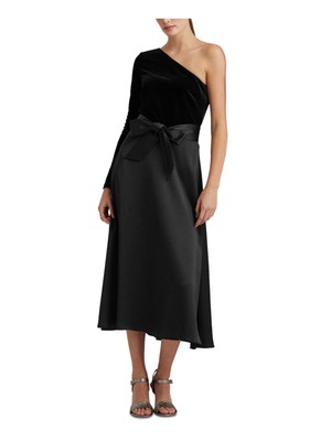 

LAUREN RALPH LAUREN Женское черное платье трапециевидной формы миди с длинными рукавами и поясом на завязках, Черный