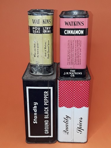 Lot of 4 Spice Tins ~ Watkins Cinnamon Standby Pepper Sexton Mustard