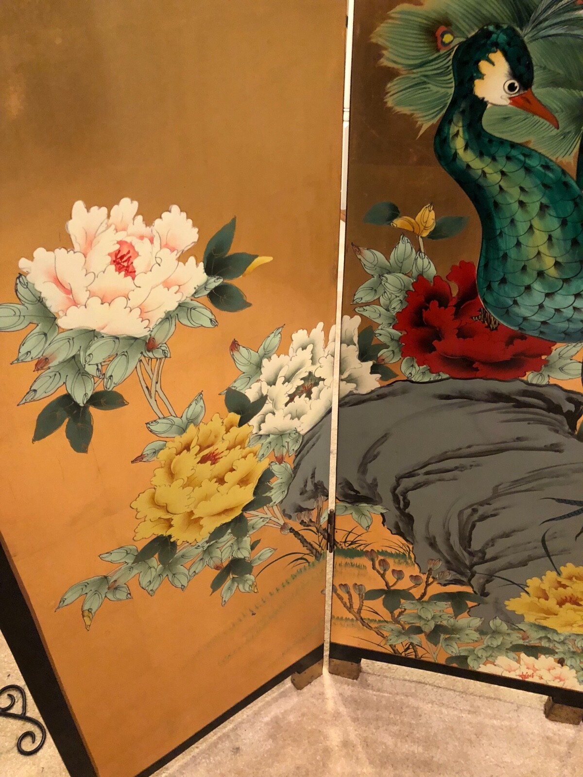 Antique Asian 4 panel room divider 64” wide x 72” tall peacocks & cherry blossom