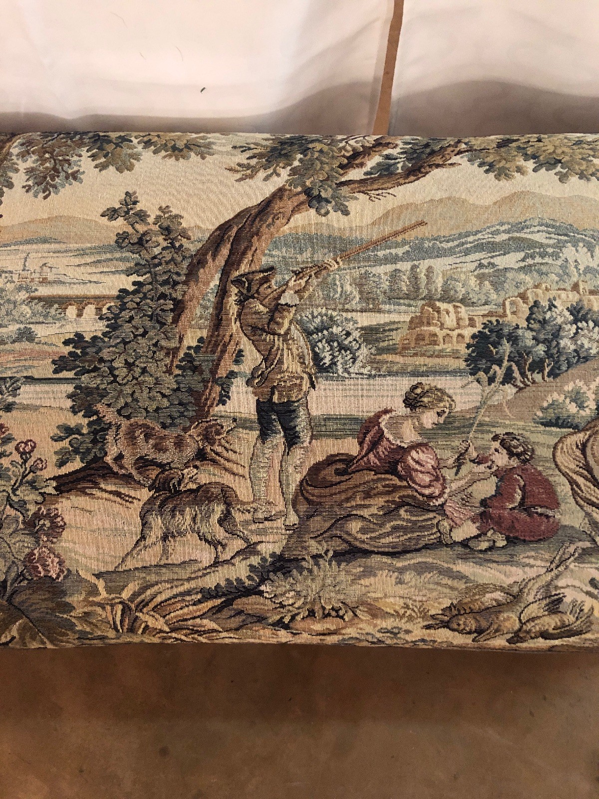 Antique French Hand Carved Bench With Antique Tapestry