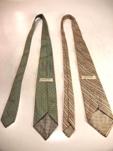 2 Vintage Christian Dior Blue Green Print White Brown Silk Neck Tie 3.5”x56”