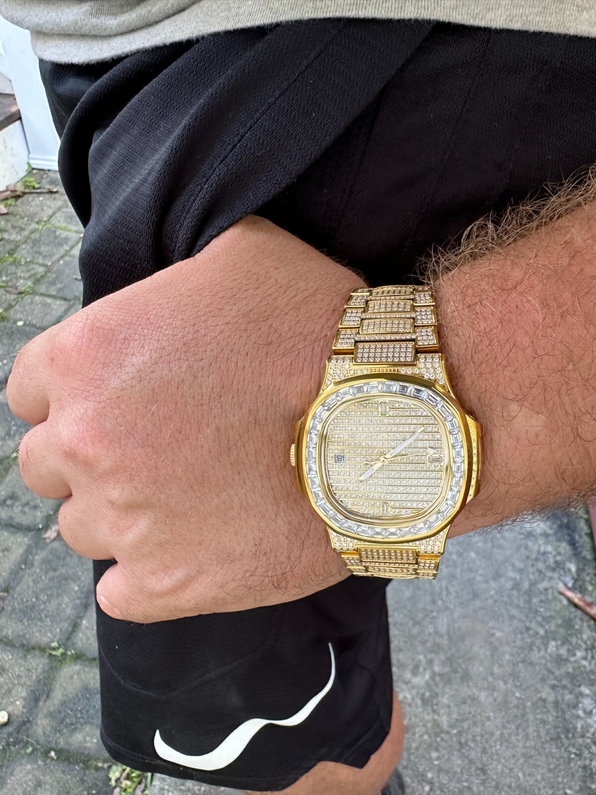 Pre-owned Real Mens Baguette 14k Gold  Moissanite Watch Iced Automatic Movement Hiphop