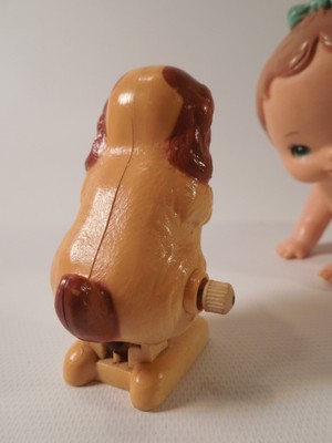 Vintage Pair of 1977 TOMY Taiwan Wind Up Toys Baby Crawling and Hopping Dog