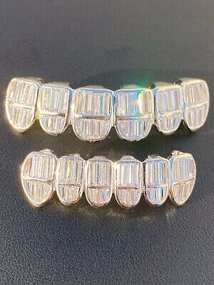 Real 925 Sterling Silver ICED Baguette Rapper GRILLZ Teeth Top & Bottom Set ICY