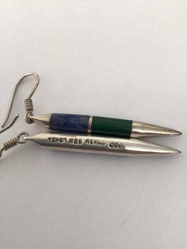 Vintage Taxco Heavy Sterling Silver Sodalite Malachite Spike Earrings 17.6Gr Euc