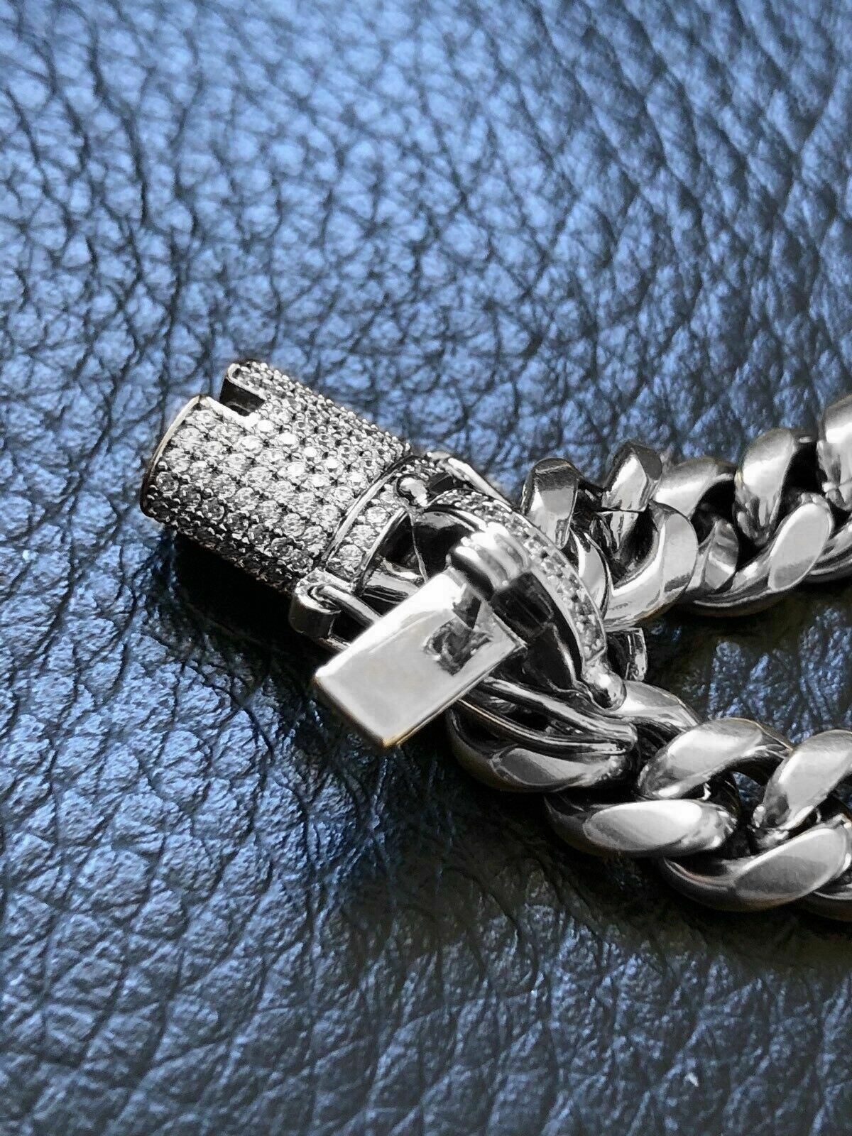 Mens White Gold Plated Miami Cuban Link Bracelet Stainless Steel With