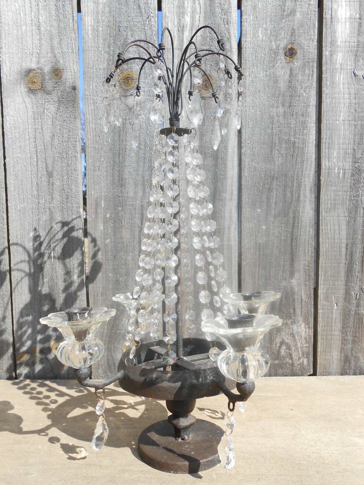 Antique Colonial Americana Cast Iron 4 Arm Candelabra Candle Holder With Prisms