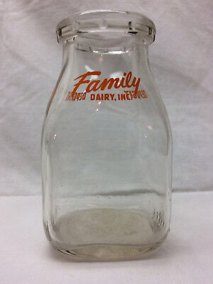Vintage Family Dairy Inc Milk Bottle Half Pint Clear Glass 4 1/2" Tall