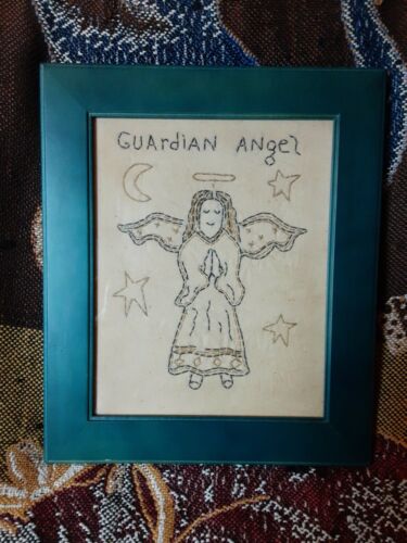 Embroidery Vintage Framed Folk Art Primitive OOAK Guardian Angel Moon Stars Cute