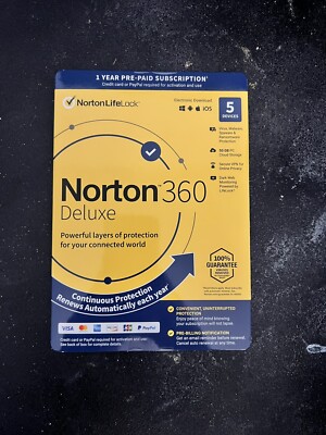 NORTON 360 DELUXE 2024 ANTIVIRUS INTERNET SECURITY 5 DEVICES 1 YEAR PREPAID VPN