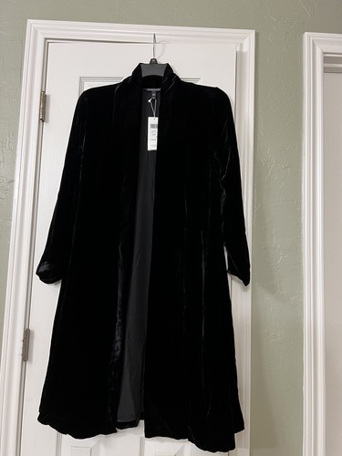 Pre-owned Eileen Fisher Pp $438  Black Velvet Shawl Collar Long Jacket Coat