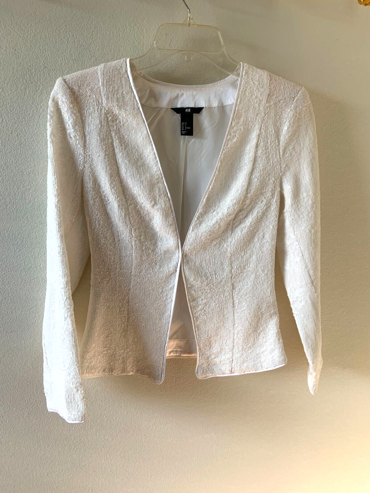 H&M WHITE  Metallic Sparkle Sequin  Open Blazer Jacket Women Size 2