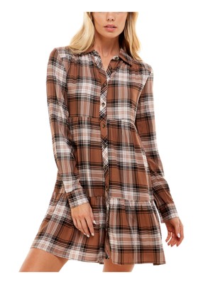 

ULTRA FLIRT Женское коричневое платье в клетку с манжетами и расклешенными рукавами для юниоров, Коричневый