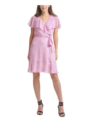 

Женское розовое платье с запахом выше колена и развевающимися рукавами DKNY на поясе с завязками, Розовый