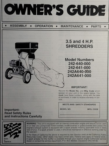 MTD Shredder Chipper 3.5 & 4 h.p 242-640-000 242-641-000 MTD Shredder Chipper 3.5 & 4 h.p 242-640-000 242-641-000