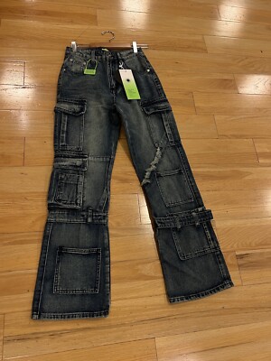 Stacked Cargo Jeans Men High Quality, Acids Wash, Flared , Acid Wash Size: 34