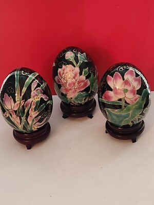 SET OF THREE PORCELAIN EGGS BLACK BACKGROUND PINK FLORAL DESIGN