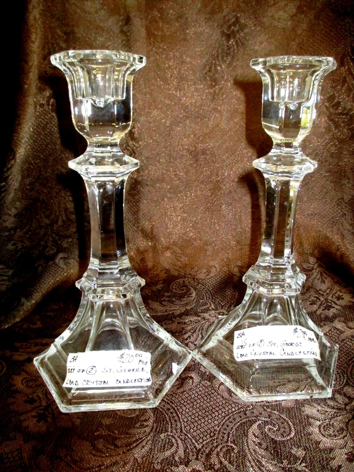PAIR OF ST. GEORGE LEAD CRYSTAL 8 INCH CANDLESTICKS great condition!