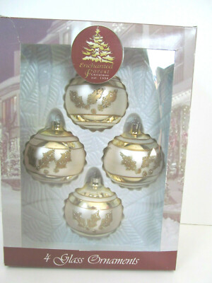 Vintage Enchanted Forest 4 Christmas Glass Ornaments Gold Glitter Balls 2003 Q