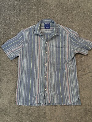 Without Walls Button Up Shirt Mens Small Blue Seersucker Striped Textured Beach