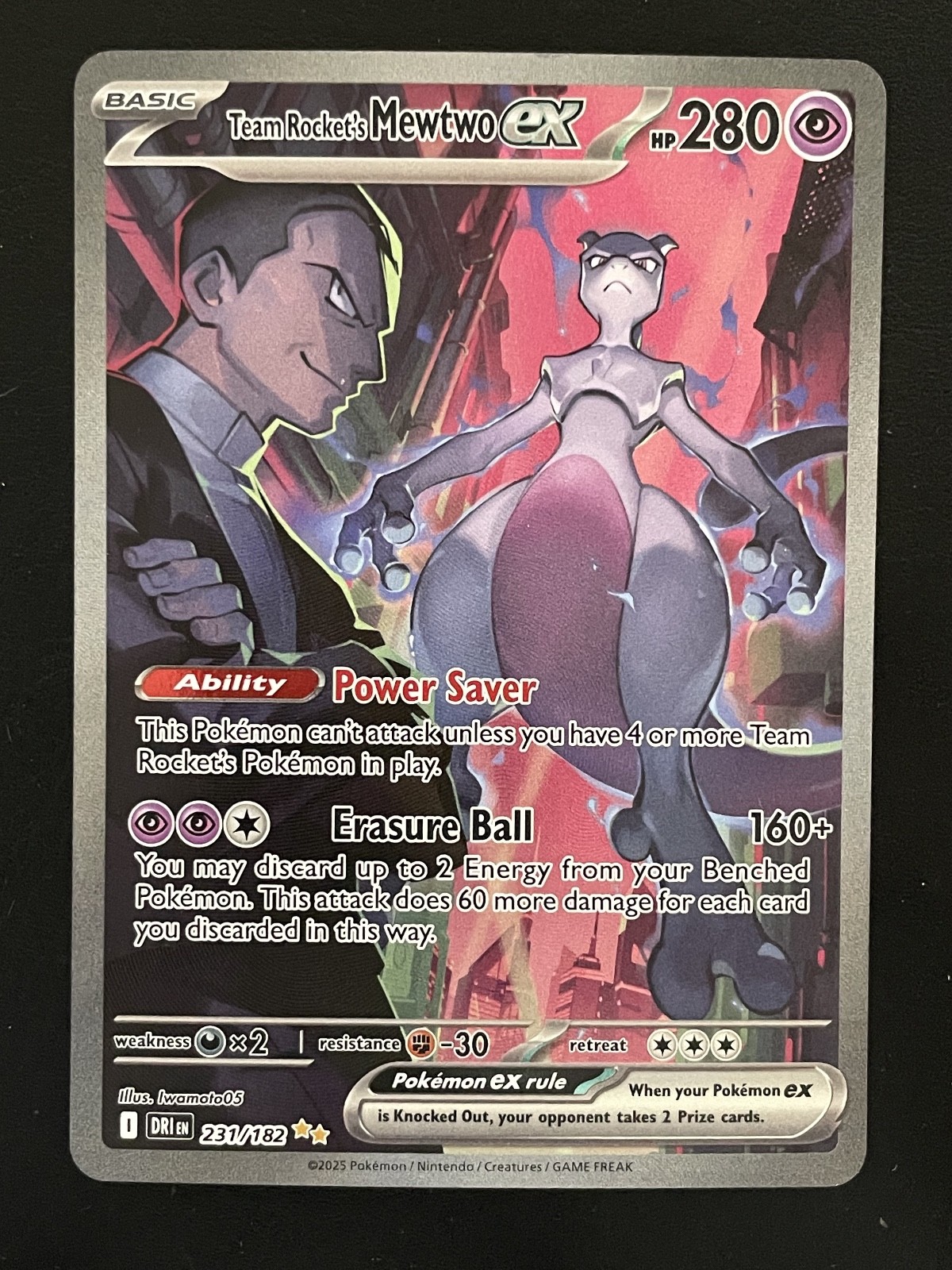 2025 Pokémon Holo Full Art Team Rocket`s Mewtwo EX 231/182