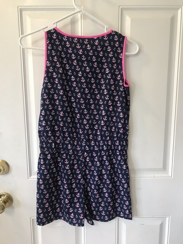 Size 14 Japna KId Navy/hot pink trim/anchors elastic waist sleeveless romper EUC