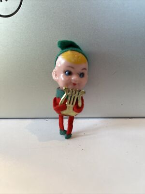 Vintage 2  Pixie Elf ￼figurine Playing  harp Bx60
