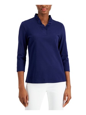 

ANNE KLEIN Женский темно-синий топ с оборками и V-образным вырезом на рукавах 3/4, Navy