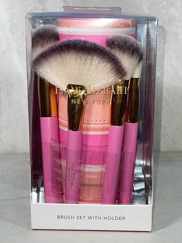 ISAAC MIZRAHI 4-Piece Makeup Brush Set with Holder - Pink Stripes
