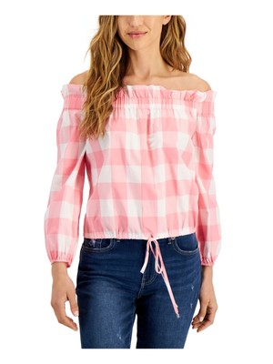 Женский розовый топ в клетку с эластичным логотипом TOMMY HILFIGER с рукавом 3/4 XS